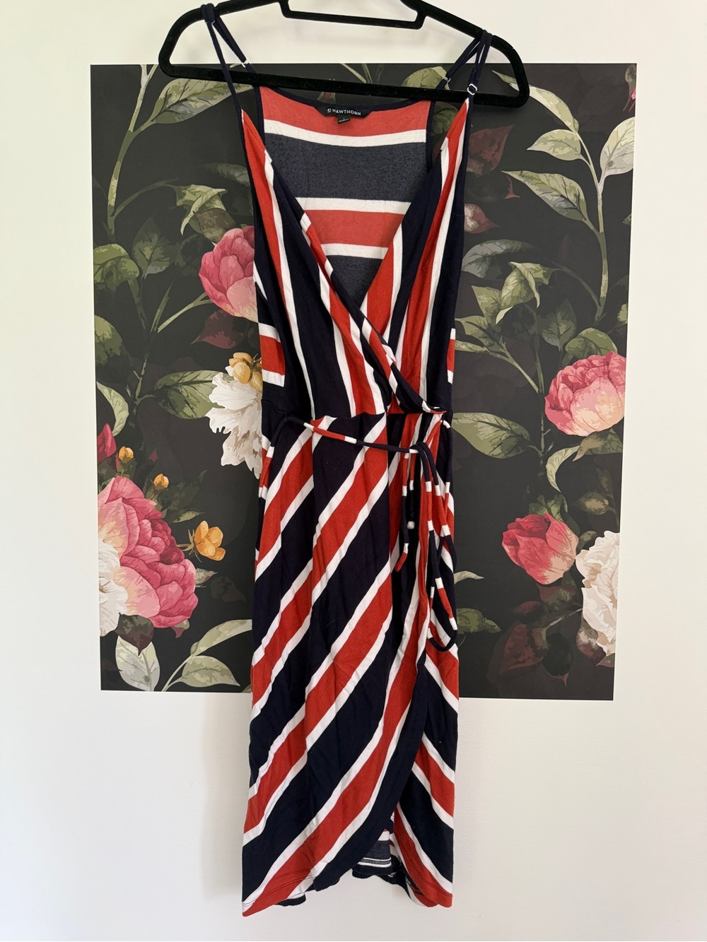 41 Hawthorn Striped Wrap Midi Dress in Navy, burnt orange and white